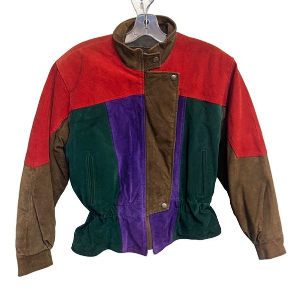 VINTAGE LEATHER SUEDE MULTI COLOR BOMBER JACKET 80S - Picture 1 of 12